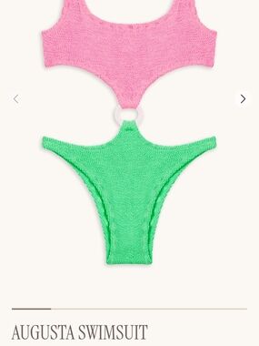 Reina Olga Augusta one-piece swimsuit features a hot pink top and a neon green